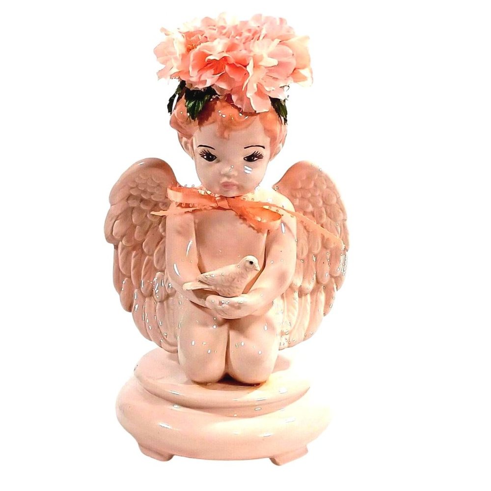 OOAK Baby Girl Angel Holding Dove Victorian Statue Cottage Shabby Chic Decor